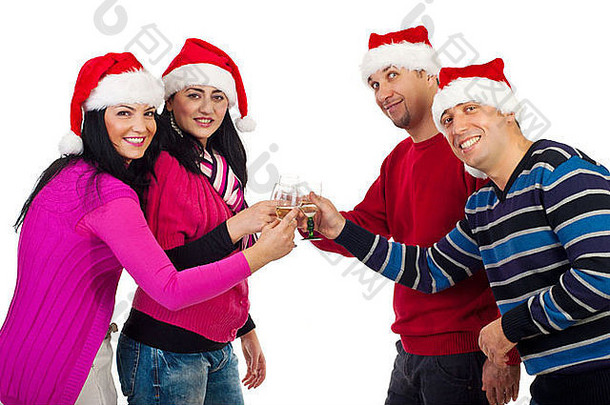 快乐的圣诞节朋友圣诞老人帽子敬酒香槟微笑孤立的白色背景