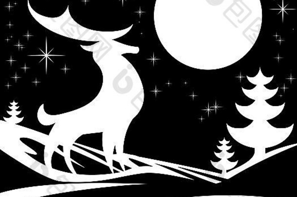 冬季圣诞节场景的风格化黑白插图，一只鹿站在雪中的一个大满月前，带着C