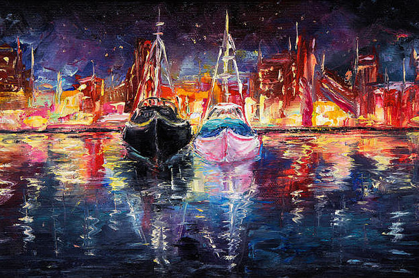 原始石油绘画码头完整的船晚上帆布摘要城市码头现代印象主义