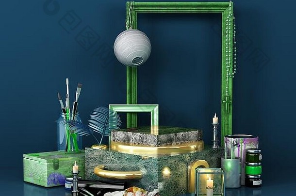 绿色大理石平台，用于产品展示创意艺术风格3d remder图像