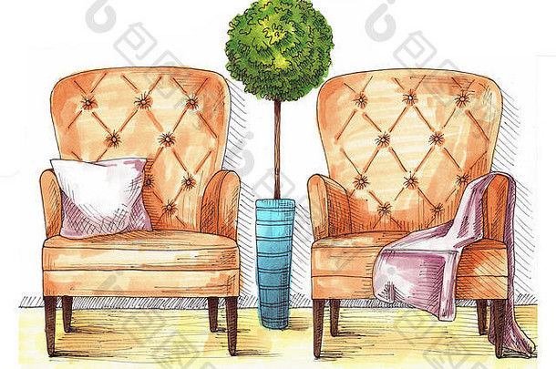 手画椅子枕头毯子明亮的草图画标记