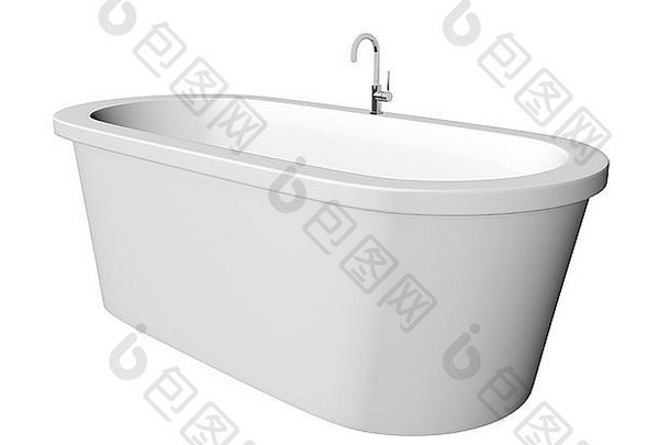 白色和深现代白色浴缸，带不锈钢固定装置，与白色背景隔离