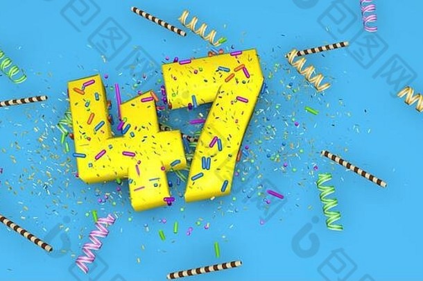 生日、周年纪念日或促销的47号，蓝色背景上用厚厚的黄色字母写着，上面装饰着糖果、彩带、巧克力吸管和糖果