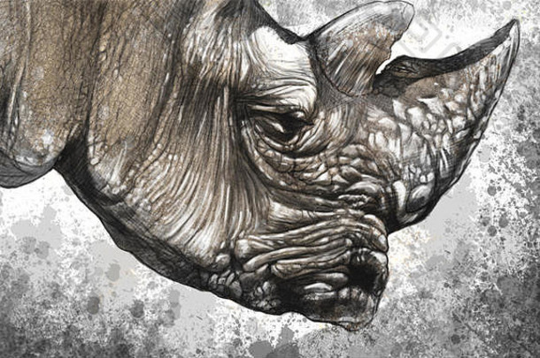 用数码相机制作的白犀牛（Ceratotherium simum）插图