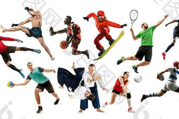 体育拼贴。网球、跑步、羽毛球、足球和美式足球、篮球、手球、排球、拳击、MMA拳击手和橄榄球运动员。适合站在白色背景上的男女
