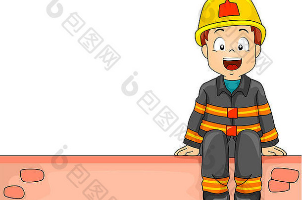 插图男孩穿着消防队员坐着砖墙