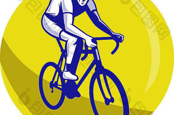 从前面看，一个骑自行车的人骑着一辆赛车在圆圈内，以复古木刻风格完成。