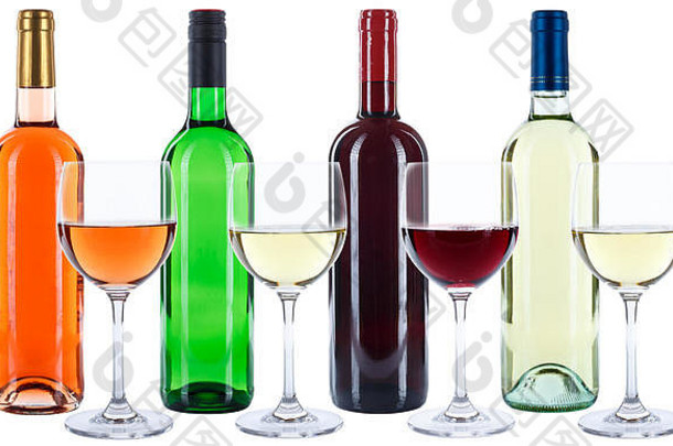 酒瓶玻璃杯，在白色背景上分离出红-白-玫瑰酒