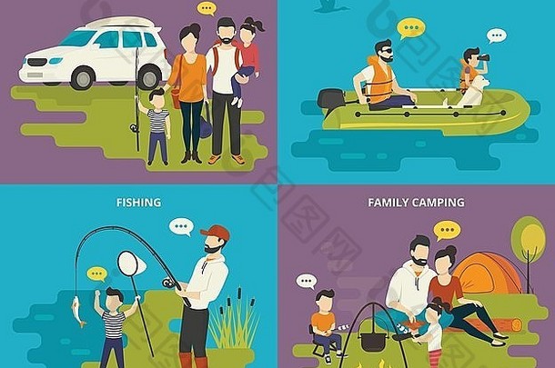 家庭孩子们概念平图标集旅行钓鱼野营