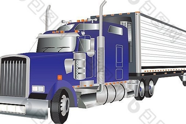 一辆蓝色的美国卡车拖着一辆被白色隔离的冷藏拖车