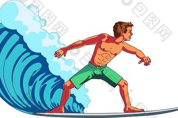 冲浪者坐在前面，身体肌肉发达，呈波浪式侧姿。
