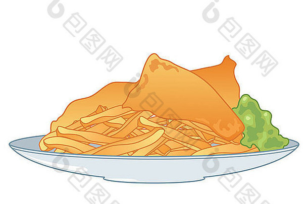 图为一盘酥脆的金色薯条，白色背景上有两片面糊鱼和糊状的绿色豌豆