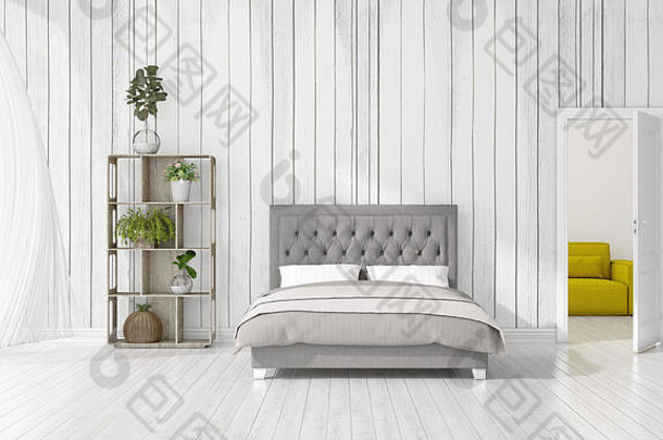 现代室内设计卧室时尚植物Copyspace水平安排呈现