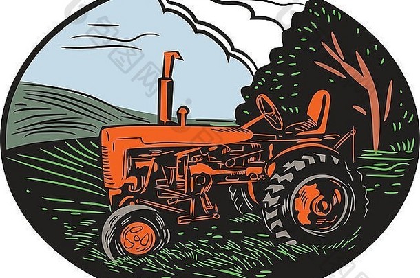 一辆老式拖拉机的插图，背景为农场草地、树木和天空云，背景设置在复古木刻的椭圆形内