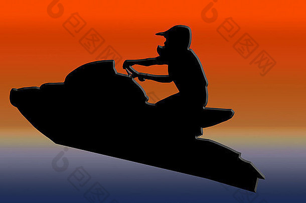 日落后，摩托艇<strong>赛</strong>车手在空中滑行的孤立图像