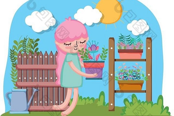 小女孩在花园里举起带架子的室内植物