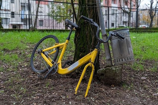 黄色自行车从集装箱中沉淀出来，造成<strong>城市污染</strong>。