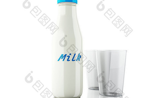 3d渲染器插图。白色背景上隔离的牛奶瓶和玻璃瓶。