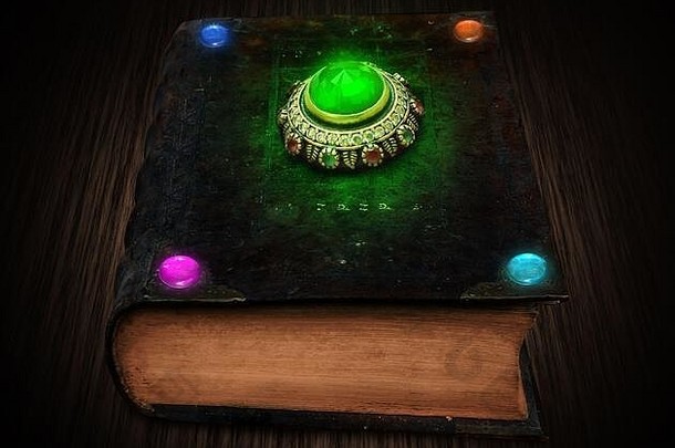 有发光宝石的神秘书。巫术书的概念。