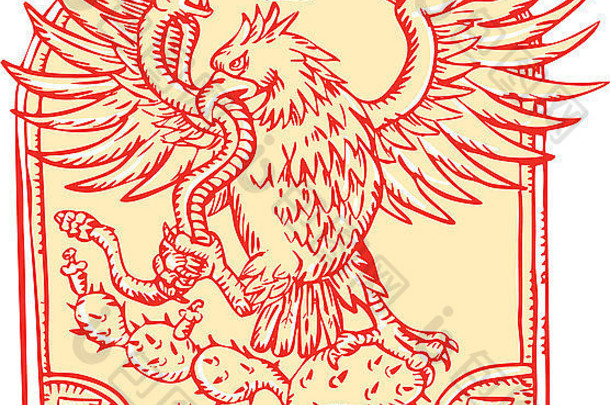 一只墨西哥老鹰吞食一条响尾蛇的蚀刻雕刻手工风格插图，响尾蛇栖息在多刺的梨仙人掌上，仙人掌位于倒置的顶部，上面写着“Cinco de Mayo”