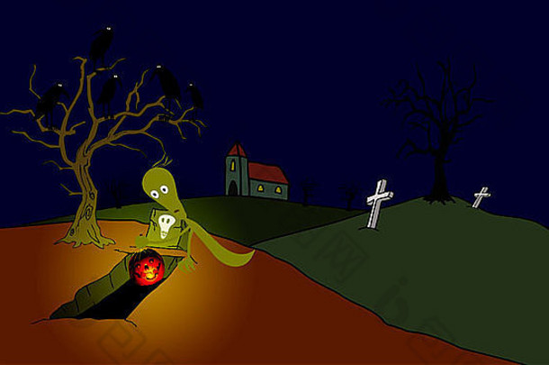 南瓜灯下鬼魂的漫画插图