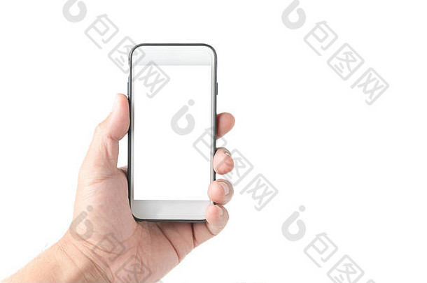 商务人员手持手机，白色屏幕隔离在白色背景上，剪辑路径