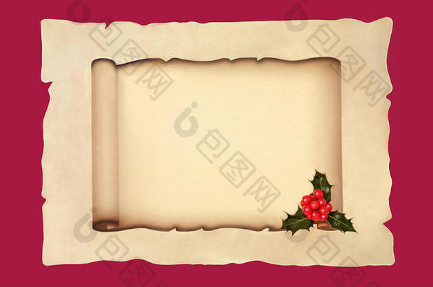 羊皮纸上的旧卷轴，红色背景上有冬青浆果叶枝。用于传统的冬季或圣诞节主题。
