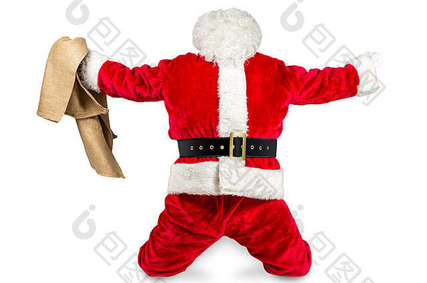 搞笑疯狂搞笑的红白圣诞老人庆祝活动握紧拳头在空中拿着袋子在白色背景上独立完成工作