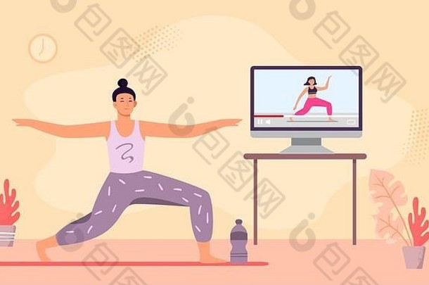 在线瑜伽课。女人打坐健身