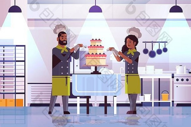 专业糕点厨师夫妇装修美味的婚礼奶油蛋糕非洲美国女人男人。统一的烹饪食物概念平现代餐厅