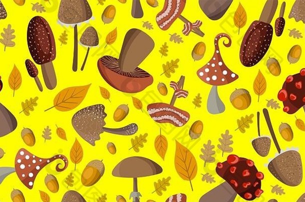 秋季无缝图案。明亮的黄色背景上有森林蘑菇、橡子和黄色叶子的图案。