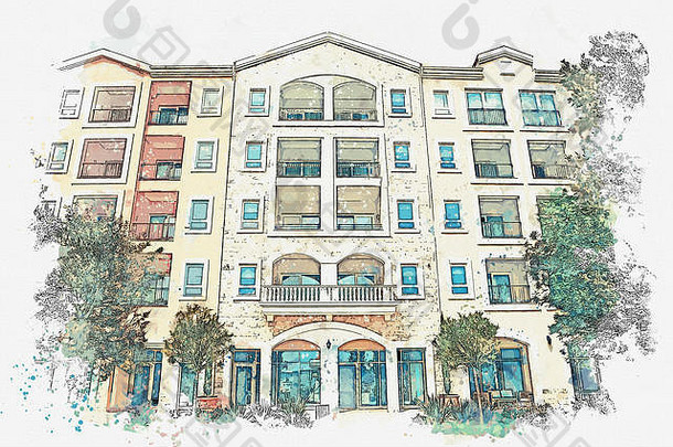 水彩草图插图视图现代公寓建筑