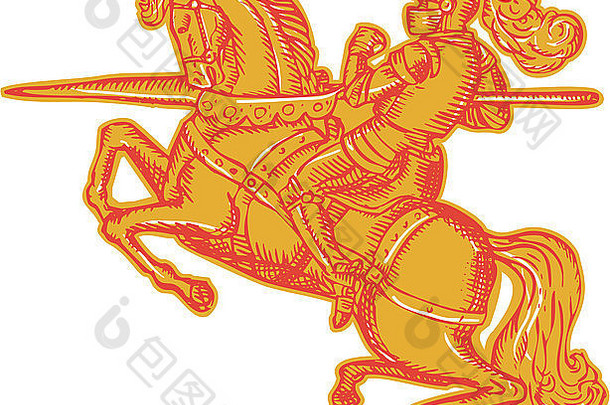 蚀刻雕刻手工制作风格插图，从侧面观看全副盔甲的骑士马背手持骑骑马