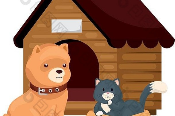 可爱的狗和猫与木屋隔离图标