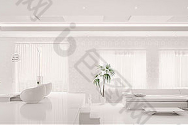 白色首页室内现代公寓生活房间厨房全景渲染