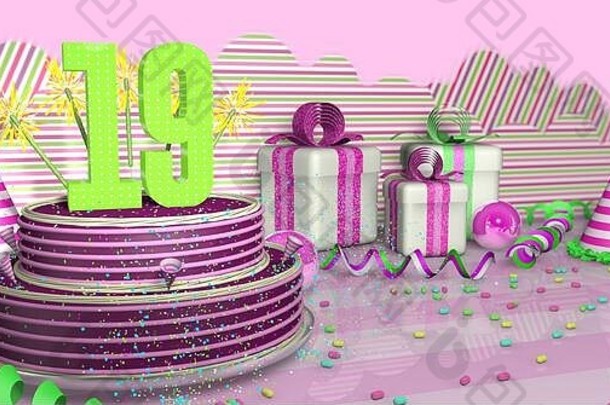 紫色圆形19岁生日蛋糕，在明亮的桌子上装饰着五颜六色的火花和粉色线条，上面有绿色的彩带、派对帽和带别针的礼盒