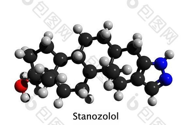 司坦唑醇的分子，一种合成合成代谢-雄激素类固醇，用作提高成绩的药物，禁止在运动中使用；三维渲染