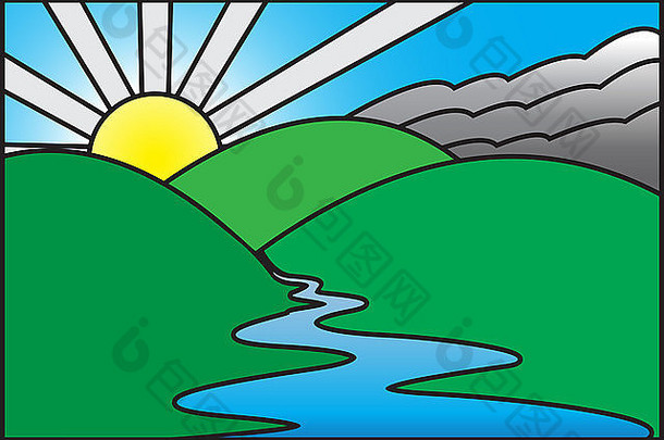 彩色玻璃上有河流的山景上的日出