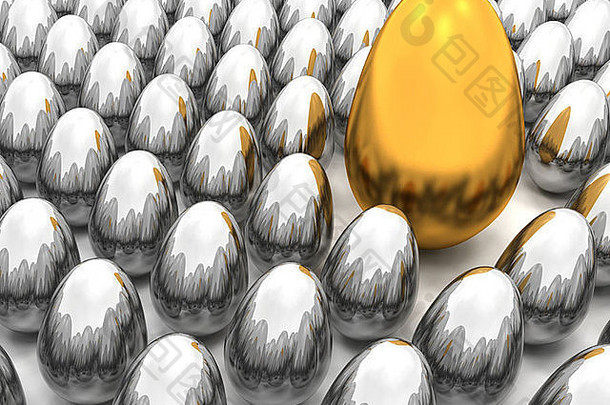 一个金色复活节彩蛋与许多银蛋的3D渲染