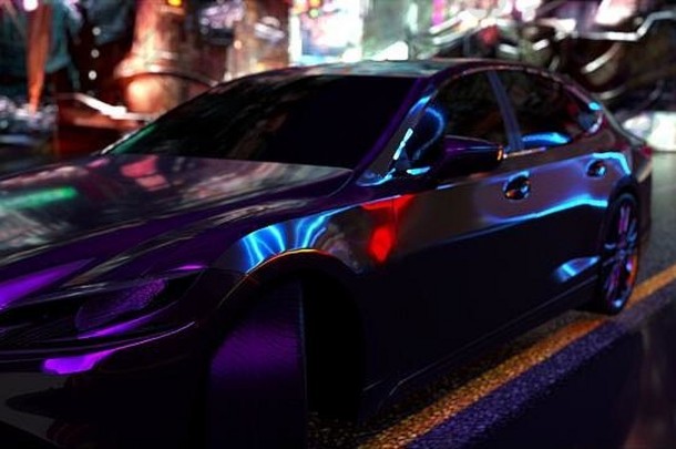 现代汽车在夜间行驶在城市街道上，由计算机生成。赛博朋克组合。三维渲染视频游戏背景。