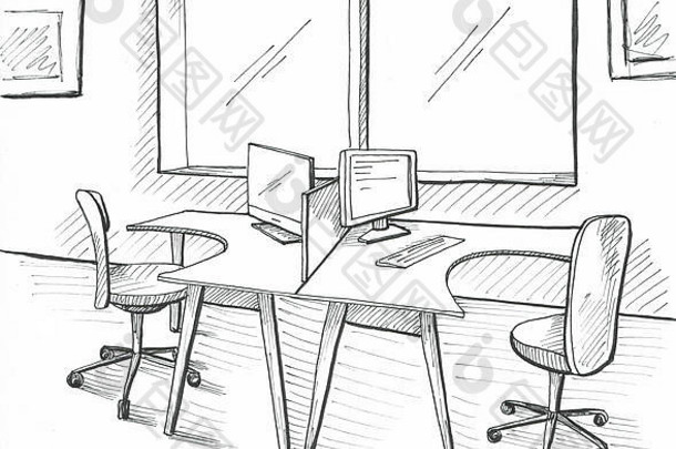 开放空间办公室。户外工作场所。桌子，椅子。草图样式的插图。