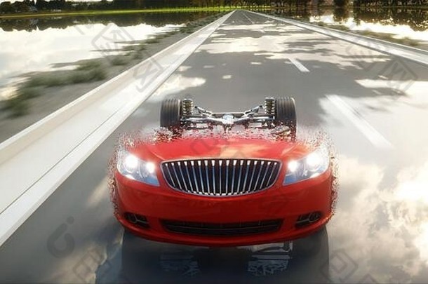 红色的车底盘引擎高速公路过渡粒子快开车汽车概念呈现