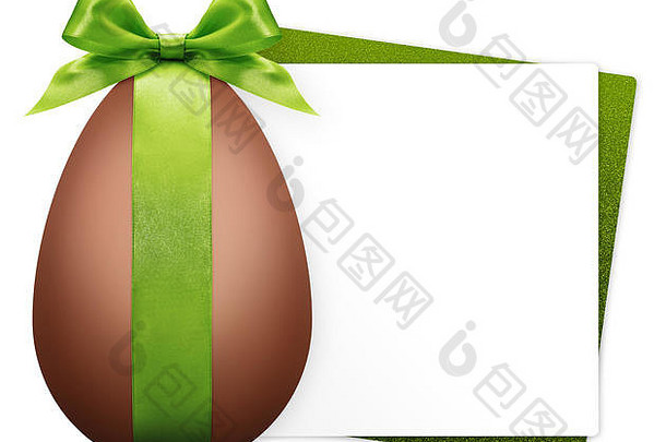 复活节礼品卡，巧克力复活节彩蛋，绿色丝带蝴蝶结，白色背景
