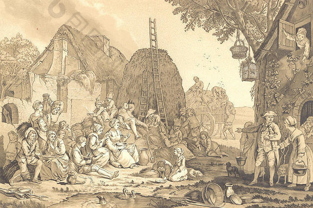 18世纪的法国。农家院1876年古董复古印刷画