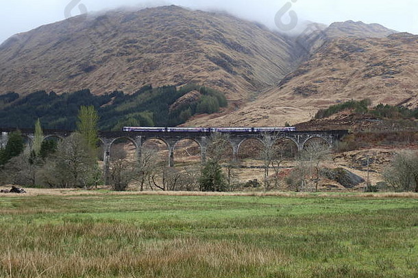 穿过苏格兰格兰芬南高架桥的火车。