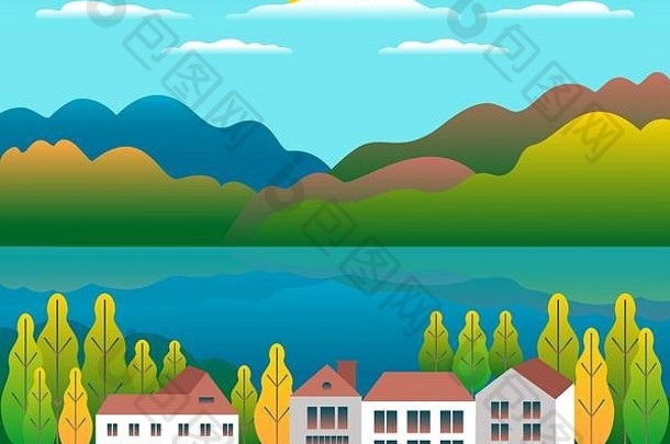 山山景观房子农场平风格设计户外全景农村插图绿色场树森林河蓝色的天空