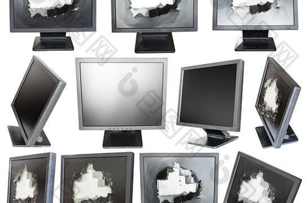 集黑色的液晶显示器监控破碎的屏幕孤立的白色背景