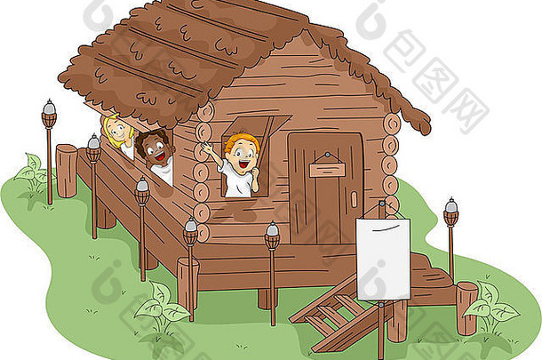 露营房屋中的孩子的插图