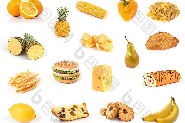 黄色的食物集合孤立的白色