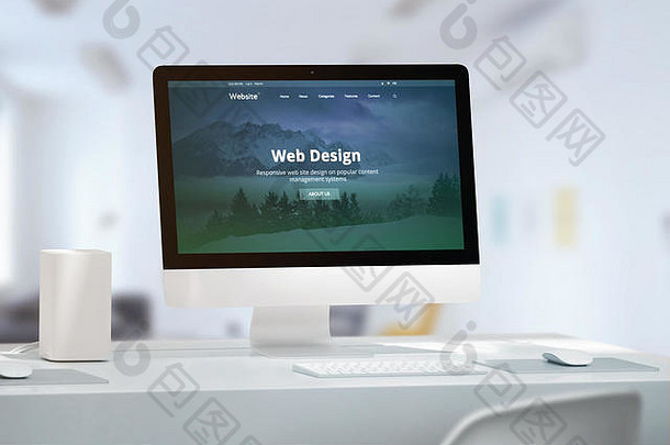 办公桌，配备现代化的电脑显示器和响应迅速的网站，远离web design studio演示。